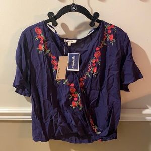 Blue Floral cross front shirt